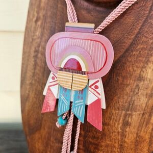 B. Reemelin Signed Vintage 1980s Geometric Bolo Tie Pink Teal Handmade Painted